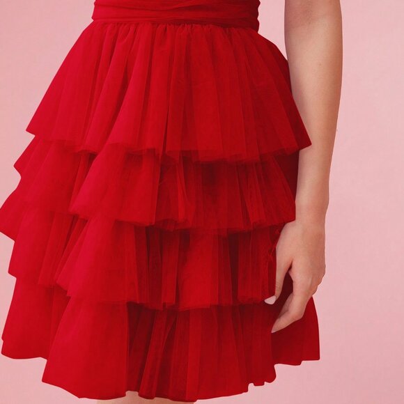 Red Elegant Women's Asymmetric Ruffle Layered Mesh Overlay Dress - Picture 8 of 8